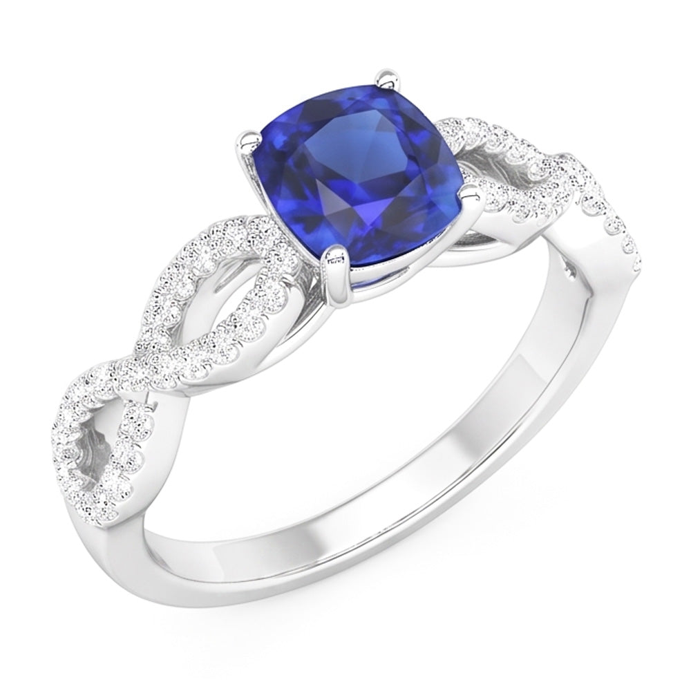 Natural Earth Mined Diamond Cushion Blue Sapphire Gemstone Ring Infinity Style 3 Carats
