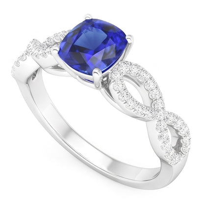 Natural Earth Mined Diamond Cushion Blue Sapphire Gemstone Ring Infinity Style 3 Carats