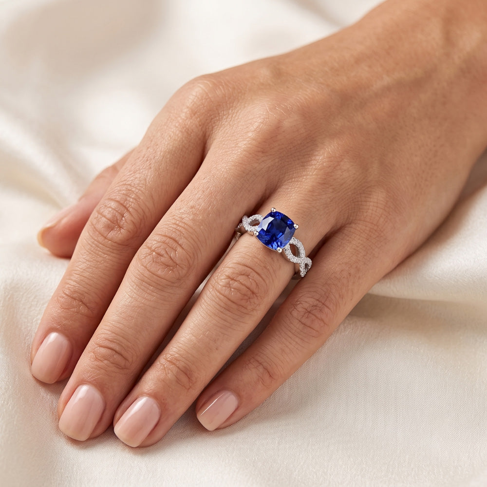Natural Earth Mined Diamond Cushion Blue Sapphire Gemstone Ring Infinity Style 3 Carats