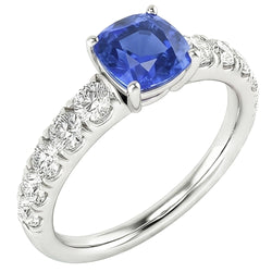 Natural Earth Mined Diamond Cushion Blue Sapphire Ring 3 Carats White Gold 14K Jewelry