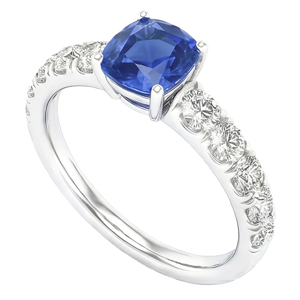 Natural Earth Mined Diamond Cushion Blue Sapphire Ring 3 Carats White Gold 14K Jewelry