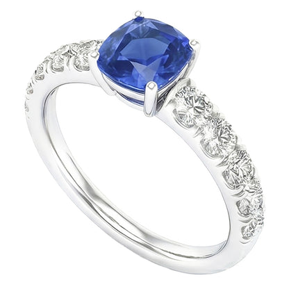 Natural Earth Mined Diamond Cushion Blue Sapphire Ring 3 Carats White Gold 14K Jewelry
