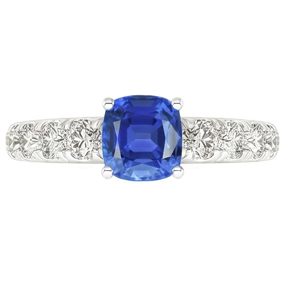 Natural Earth Mined Diamond Cushion Blue Sapphire Ring 3 Carats White Gold 14K Jewelry