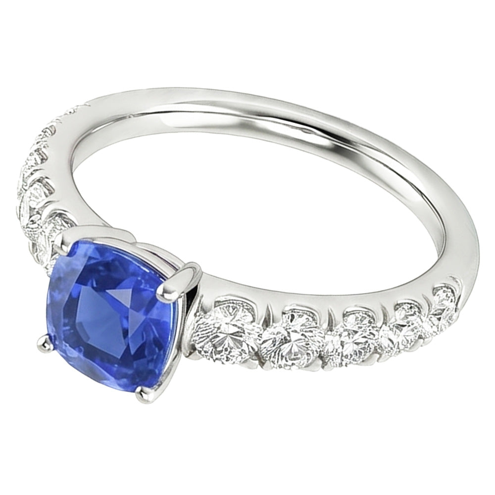 Natural Earth Mined Diamond Cushion Blue Sapphire Ring 3 Carats White Gold 14K Jewelry