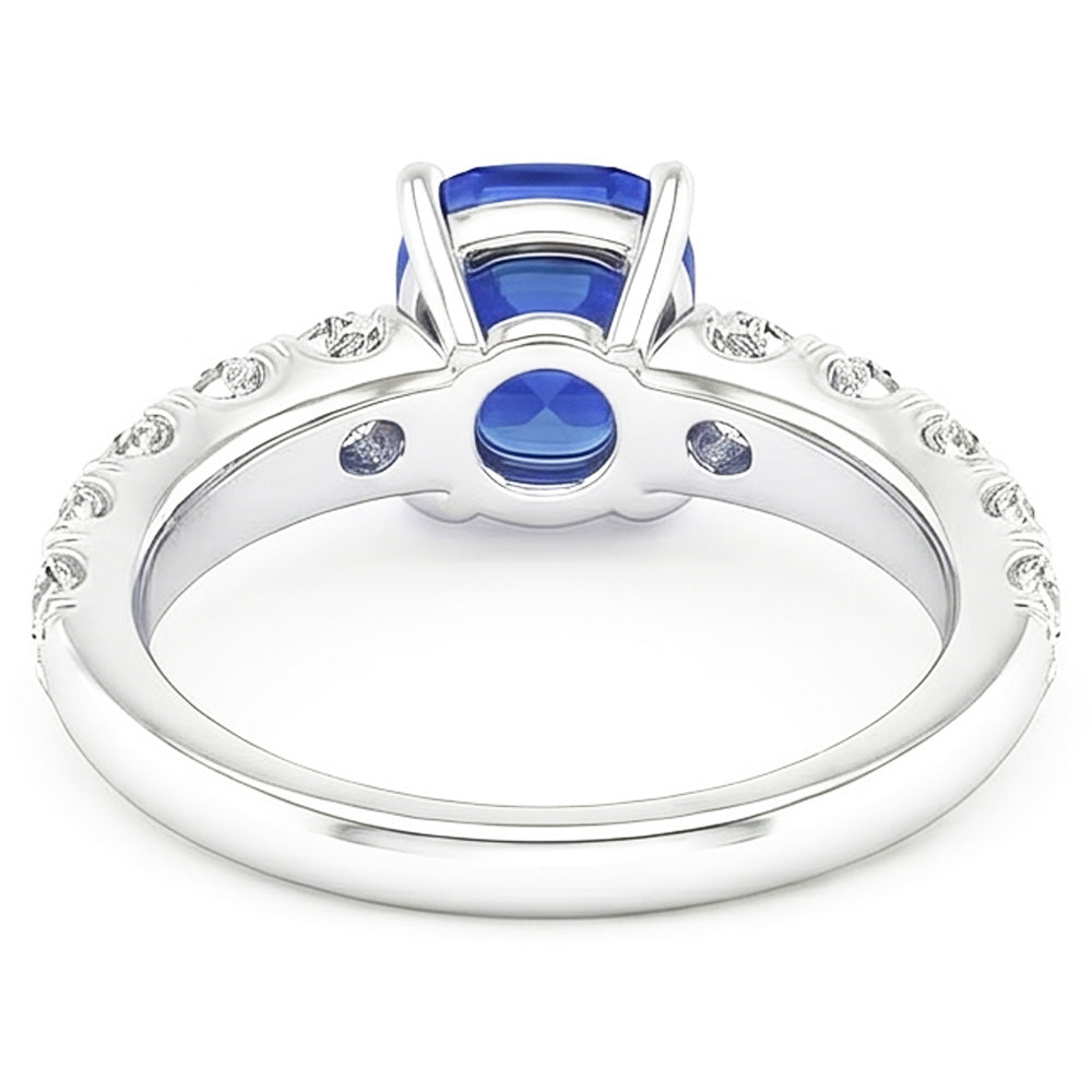 Natural Earth Mined Diamond Cushion Blue Sapphire Ring 3 Carats White Gold 14K Jewelry