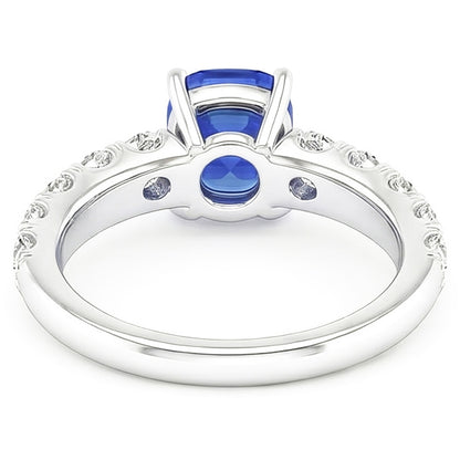 Natural Earth Mined Diamond Cushion Blue Sapphire Ring 3 Carats White Gold 14K Jewelry