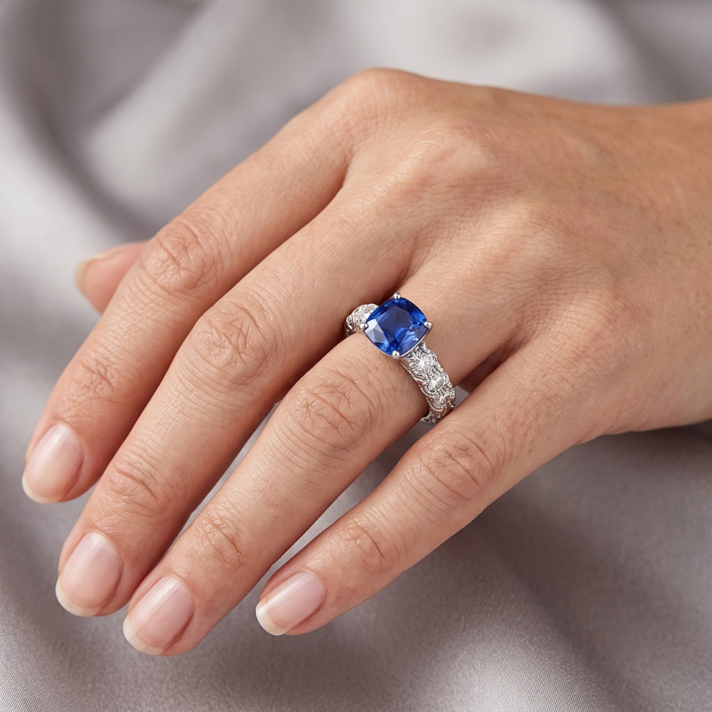 Natural Earth Mined Diamond Cushion Blue Sapphire Ring 3 Carats White Gold 14K Jewelry