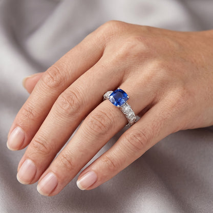 Natural Earth Mined Diamond Cushion Blue Sapphire Ring 3 Carats White Gold 14K Jewelry