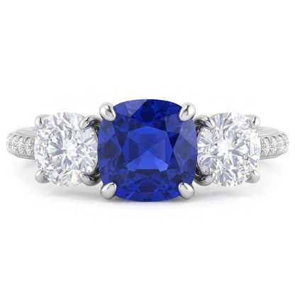 Natural Earth Mined Diamond Cushion Blue Sapphire Ring 3 Stone Style & Accents 3.50 Carats