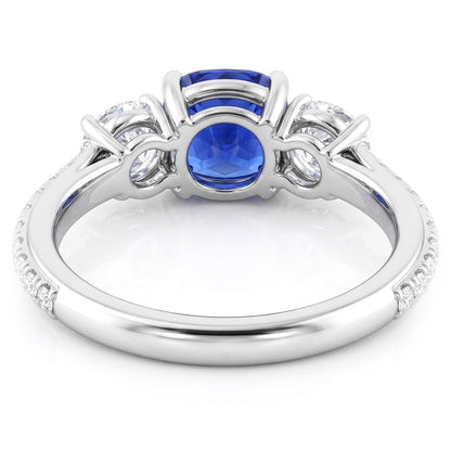 Natural Earth Mined Diamond Cushion Blue Sapphire Ring 3 Stone Style & Accents 3.50 Carats