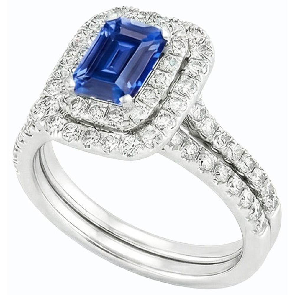Natural Earth Mined Diamond Double Halo Emerald Blue Sapphire Wedding Ring Set 5 Carats
