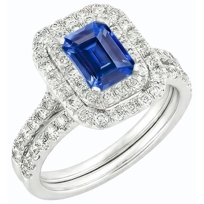 Natural Earth Mined Diamond Double Halo Emerald Blue Sapphire Wedding Ring Set 5 Carats