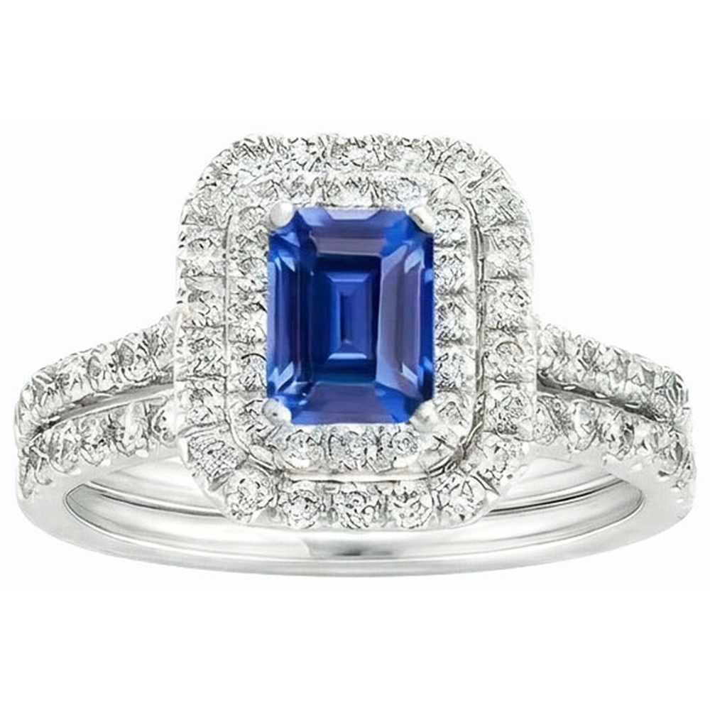Natural Earth Mined Diamond Double Halo Emerald Blue Sapphire Wedding Ring Set 5 Carats