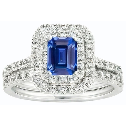 Natural Earth Mined Diamond Double Halo Emerald Blue Sapphire Wedding Ring Set 5 Carats