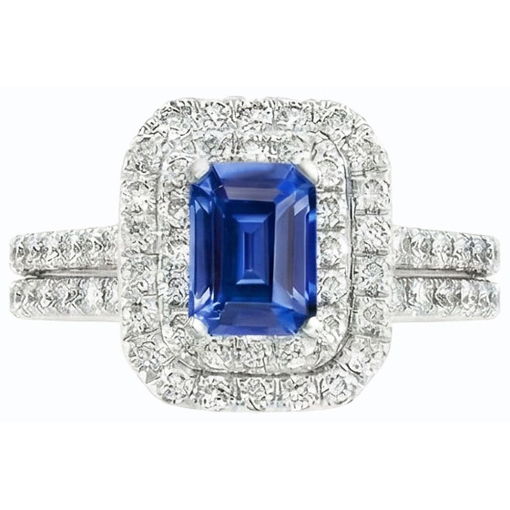 Natural Earth Mined Diamond Double Halo Emerald Blue Sapphire Wedding Ring Set 5 Carats