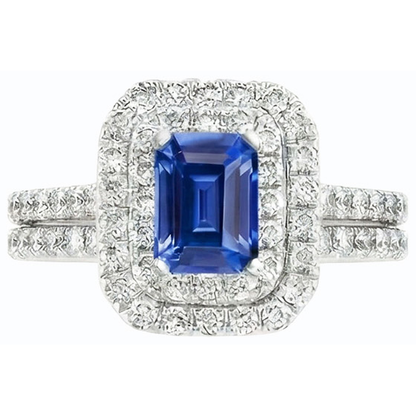 Natural Earth Mined Diamond Double Halo Emerald Blue Sapphire Wedding Ring Set 5 Carats