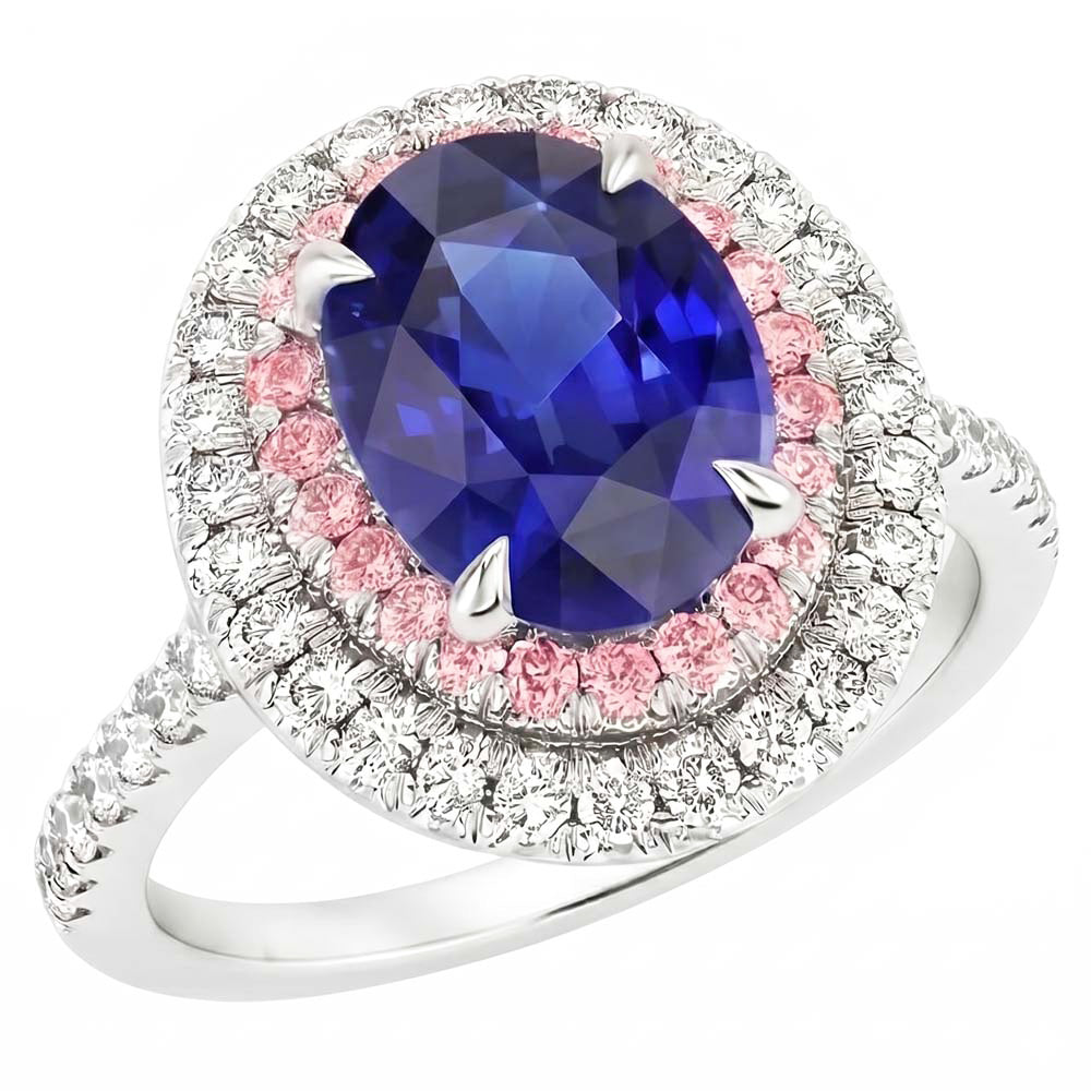 Natural Earth Mined Diamond Double Halo Oval Blue & Pink Sapphire Ring 5 Carats Prong Set