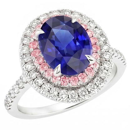 Natural Earth Mined Diamond Double Halo Oval Blue & Pink Sapphire Ring 5 Carats Prong Set