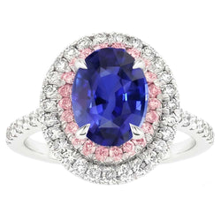 Natural Earth Mined Diamond Double Halo Oval Blue & Pink Sapphire Ring 5 Carats Prong Set