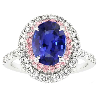 Natural Earth Mined Diamond Double Halo Oval Blue & Pink Sapphire Ring 5 Carats Prong Set