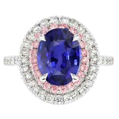 Natural Earth Mined Diamond Double Halo Oval Blue & Pink Sapphire Ring 5 Carats Prong Set