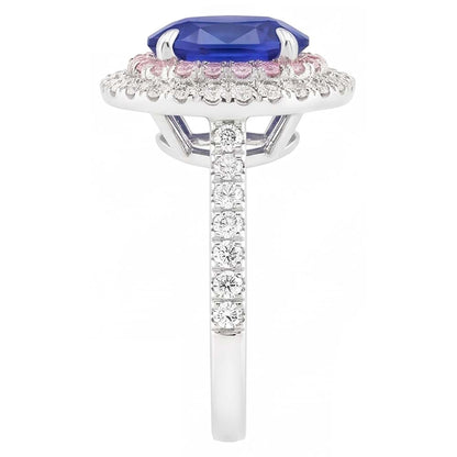 Natural Earth Mined Diamond Double Halo Oval Blue & Pink Sapphire Ring 5 Carats Prong Set