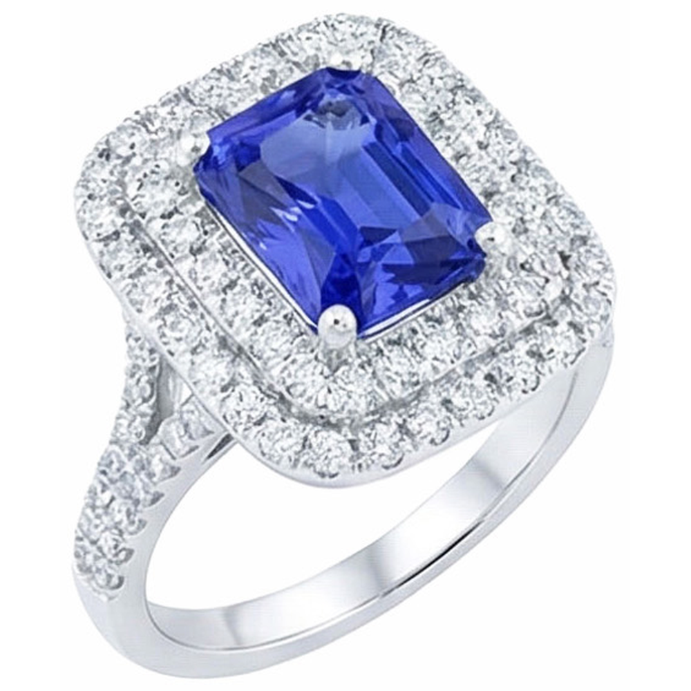 Natural Earth Mined Diamond Double Halo Radiant Sapphire Ring 4 Carats Split Shank