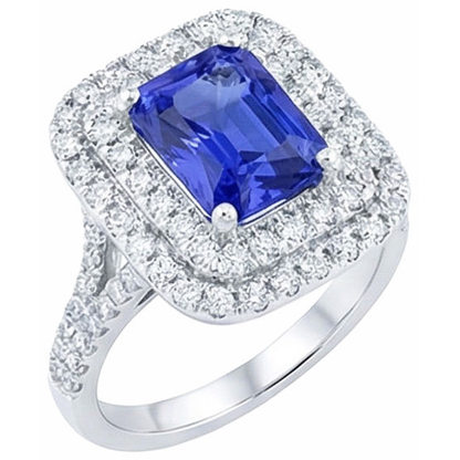 Natural Earth Mined Diamond Double Halo Radiant Sapphire Ring 4 Carats Split Shank