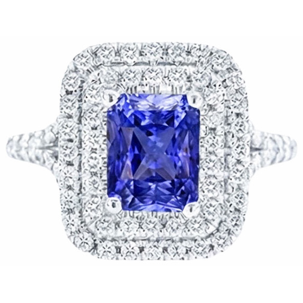 Natural Earth Mined Diamond Double Halo Radiant Sapphire Ring 4 Carats Split Shank