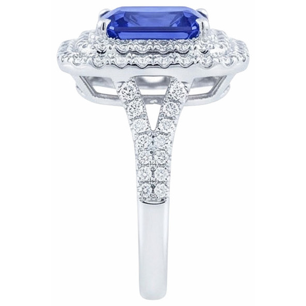 Natural Earth Mined Diamond Double Halo Radiant Sapphire Ring 4 Carats Split Shank