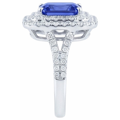 Natural Earth Mined Diamond Double Halo Radiant Sapphire Ring 4 Carats Split Shank
