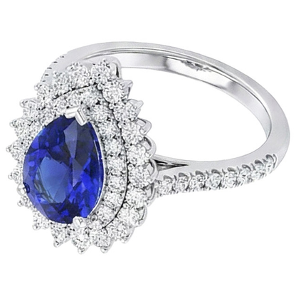 Natural Earth Mined Diamond Double Halo Ring Flower Style Pear Blue Sapphire 5.50 Carats