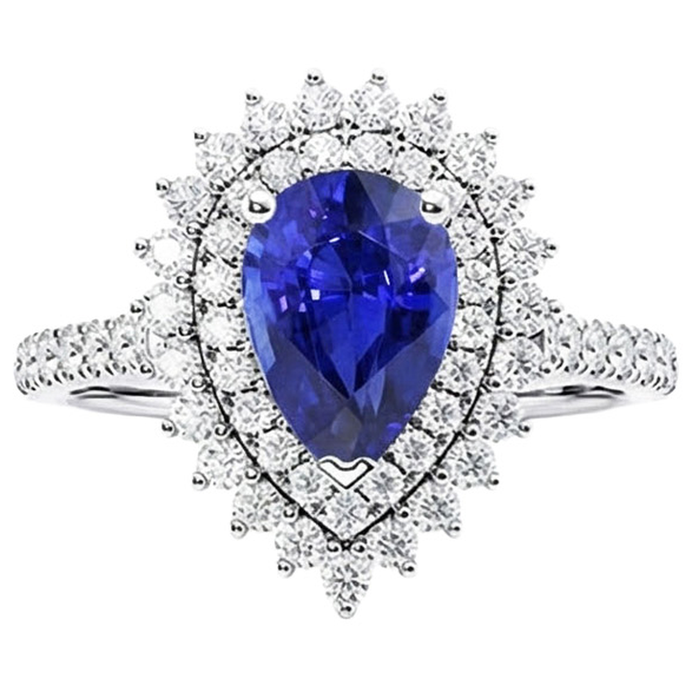 Natural Earth Mined Diamond Double Halo Ring Flower Style Pear Blue Sapphire 5.50 Carats