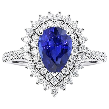 Natural Earth Mined Diamond Double Halo Ring Flower Style Pear Blue Sapphire 5.50 Carats