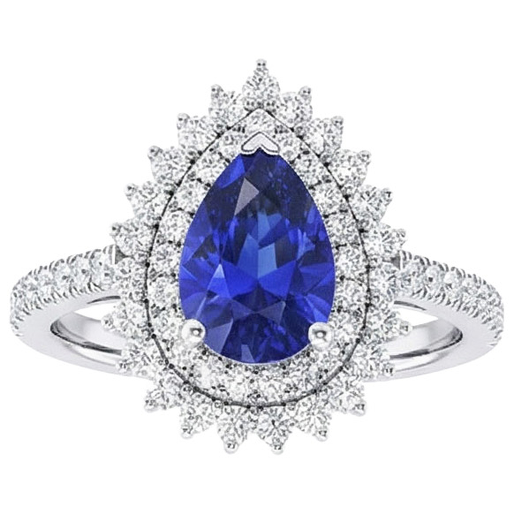 Natural Earth Mined Diamond Double Halo Ring Flower Style Pear Blue Sapphire 5.50 Carats
