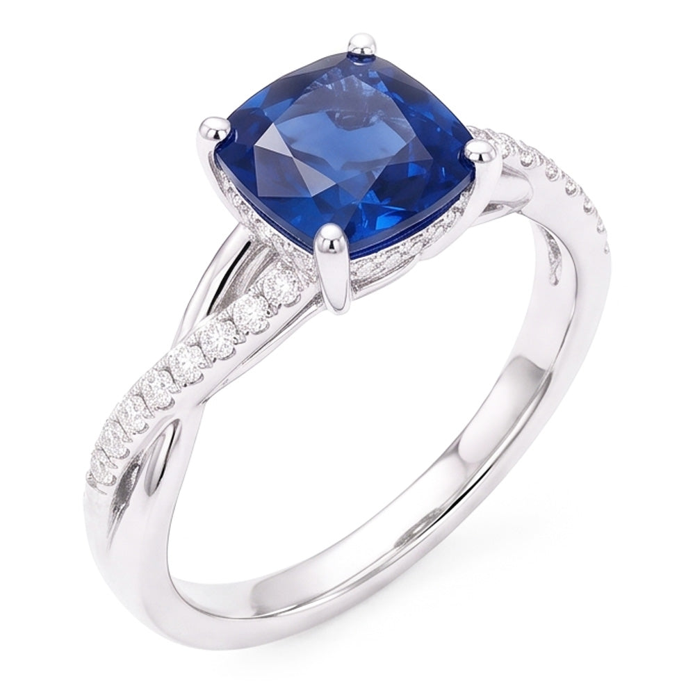 Natural Earth Mined Diamond Engagement Cushion Sapphire Ring Twisted Style 3 Carats