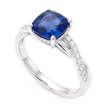 Natural Earth Mined Diamond Engagement Cushion Sapphire Ring Twisted Style 3 Carats