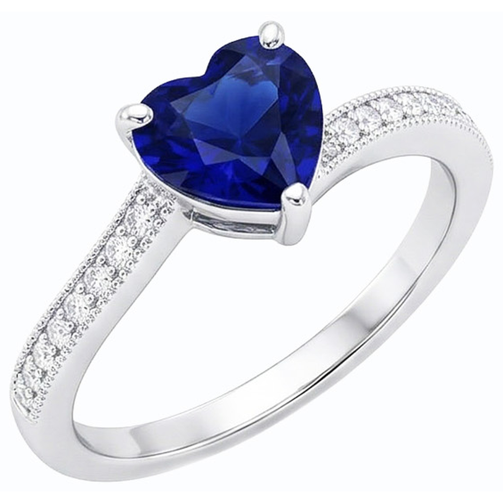 Natural Earth Mined Diamond Engagement Heart Ceylon Sapphire Ring 2 Carats Milgrain Shank
