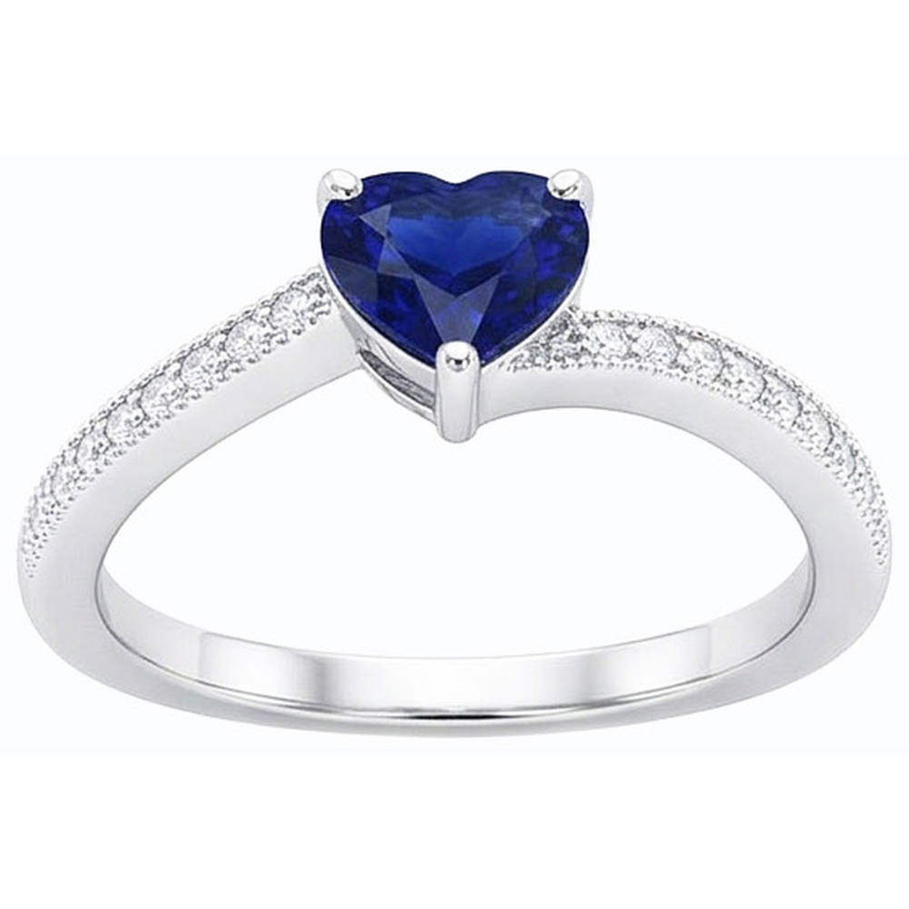 Natural Earth Mined Diamond Engagement Heart Ceylon Sapphire Ring 2 Carats Milgrain Shank