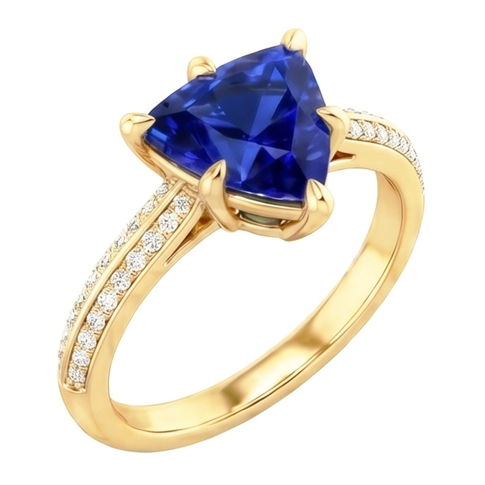 Natural Earth Mined Diamond Engagement Ring 6 Prong Trillion Ceylon Sapphire 2.50 Carats
