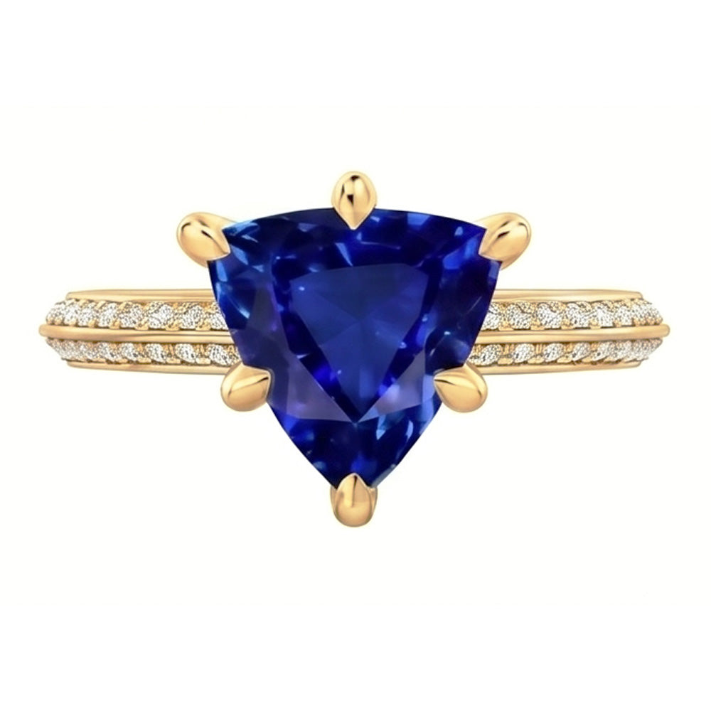 Natural Earth Mined Diamond Engagement Ring 6 Prong Trillion Ceylon Sapphire 2.50 Carats