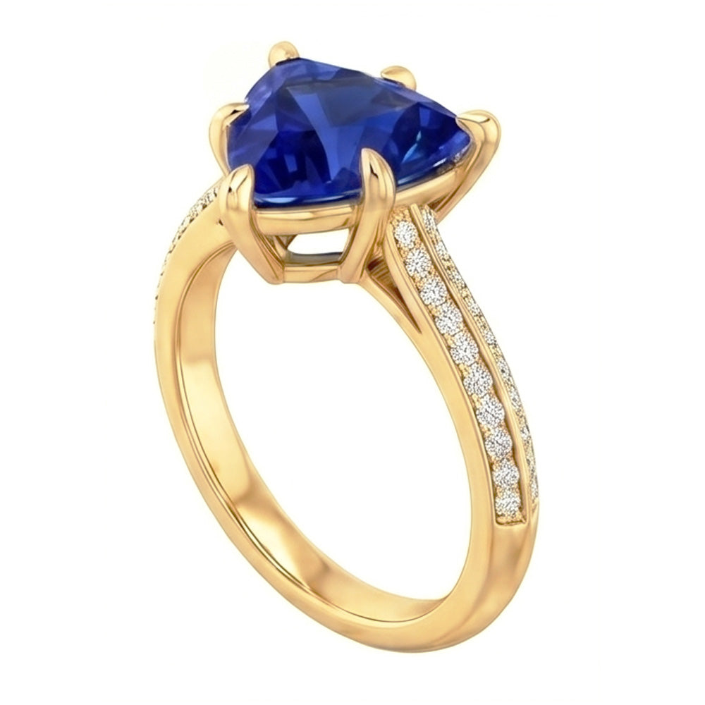 Natural Earth Mined Diamond Engagement Ring 6 Prong Trillion Ceylon Sapphire 2.50 Carats