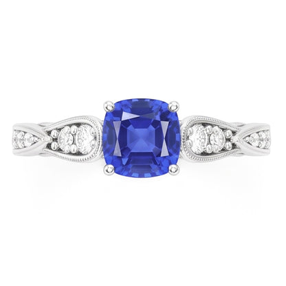 Natural Earth Mined Diamond Engagement Ring Cushion Sapphire 2.50 Carats Vintage Style