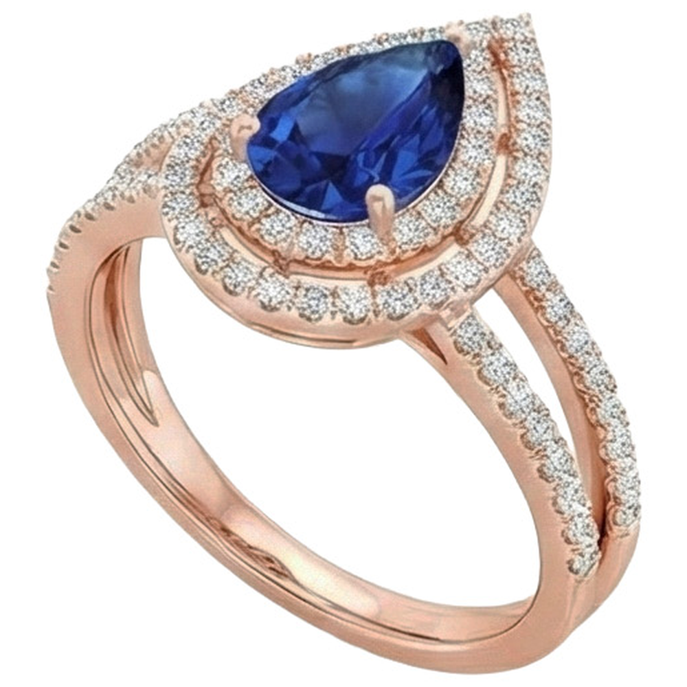 Natural Earth Mined Diamond Engagement Ring Double Halo Pear Blue Sapphire 5.75 Carats