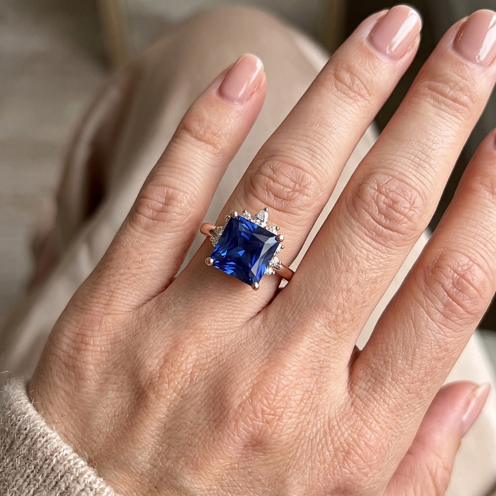 Natural Earth Mined Diamond Engagement Ring Half Halo Princess Blue Sapphire 5.50 Carats