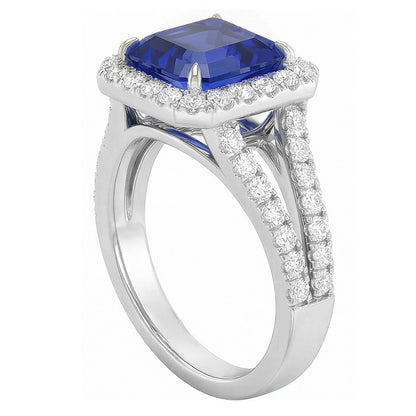 Natural Earth Mined Diamond Engagement Ring Halo Asscher Sapphire Gold Split Shank 4 Carat