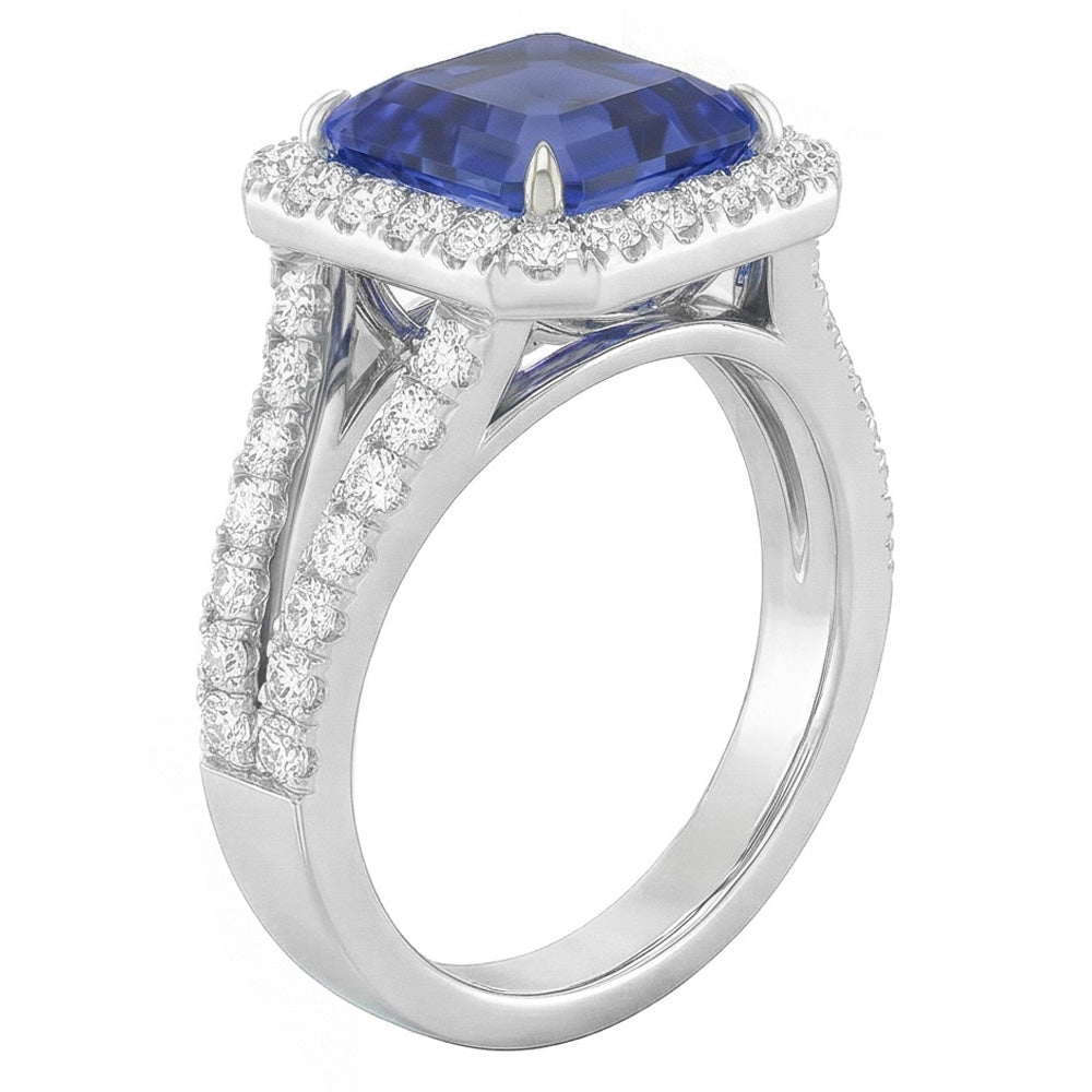 Natural Earth Mined Diamond Engagement Ring Halo Asscher Sapphire Gold Split Shank 4 Carat