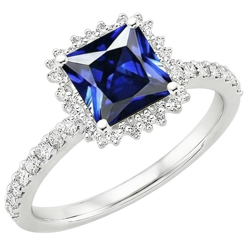 Natural Earth Mined Diamond Engagement Ring Halo Ceylon Sapphire Sunburst Style 6.25 Carat