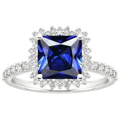Natural Earth Mined Diamond Engagement Ring Halo Ceylon Sapphire Sunburst Style 6.25 Carat