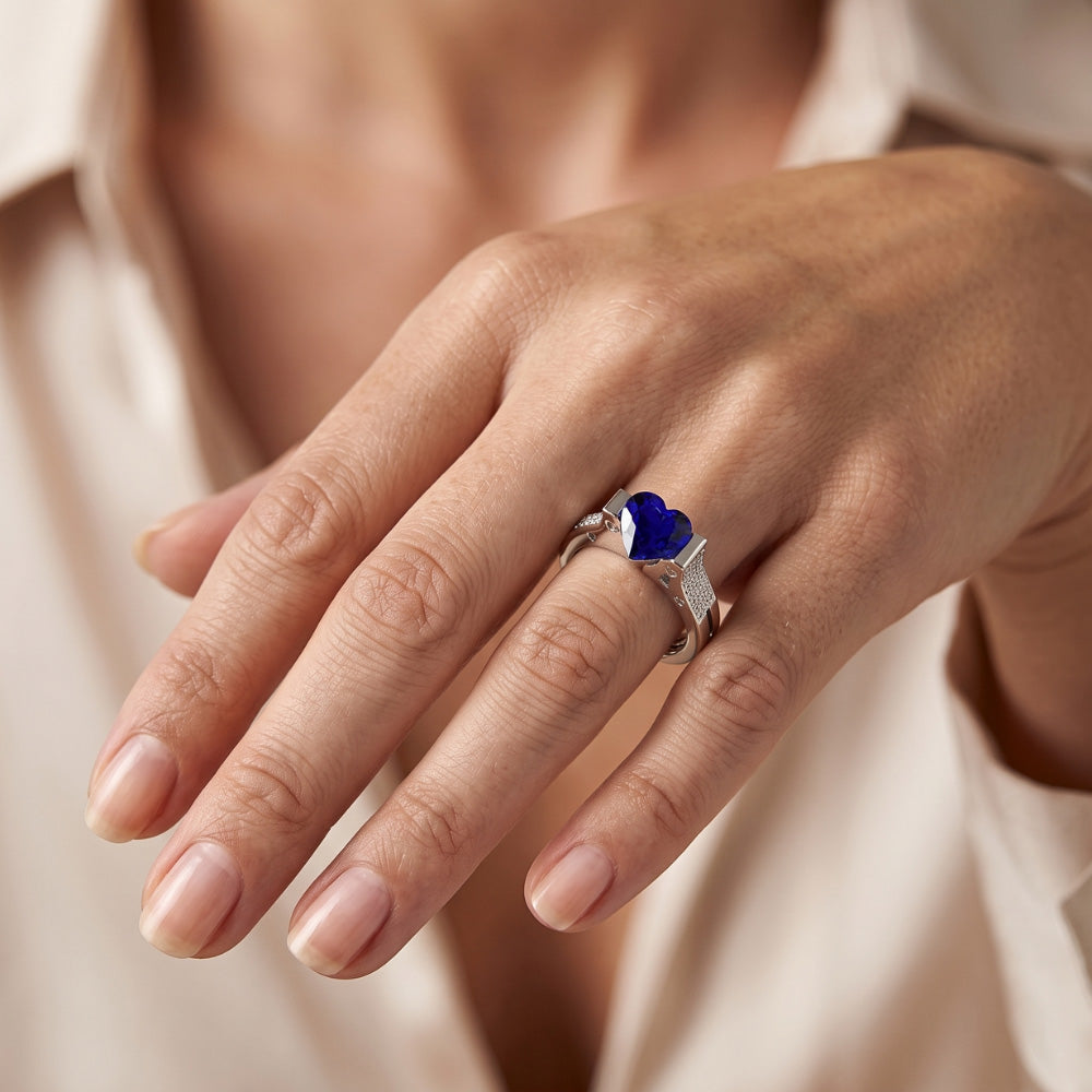 Natural Earth Mined Diamond Engagement Ring Heart Bar Set Blue Sapphire 2.50 Carats